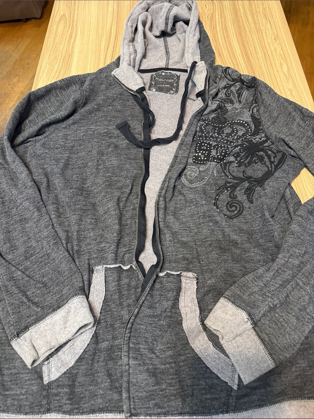 Maurice’s Charcoal Gray Hooded Zip-Up Sweater with Embellished Chest